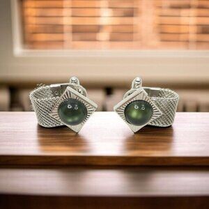Anson Moon Stone Mesh Chainmail Cufflinks Silver Tone Men Vintage MCM Jewelry